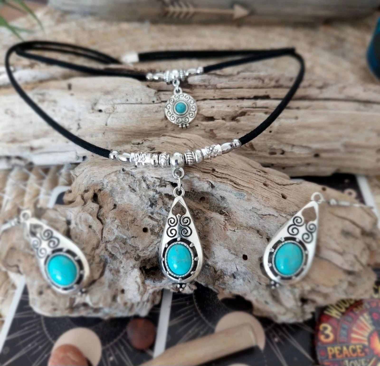 Parure bohème double rangs, larme maya spirale turquoise – photo 8